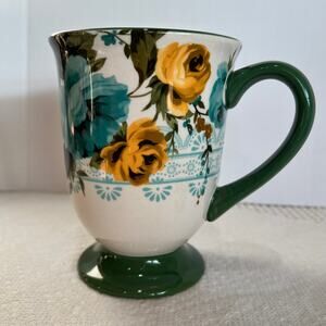 Pioneer Woman Stoneware Rose Shadow 18 Oz Footed Latte Mug Green Yellow